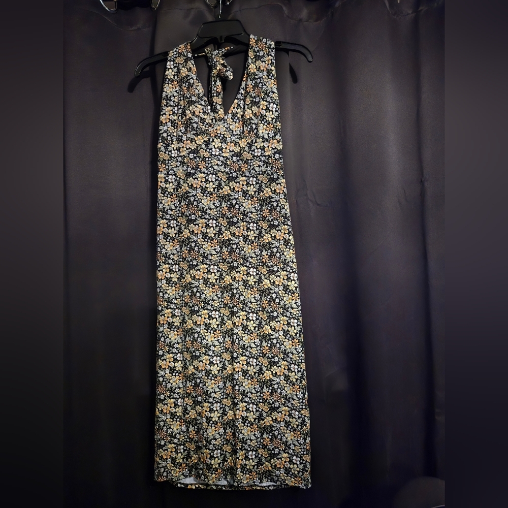Floral Halter Midi Dress | Black Yellow White